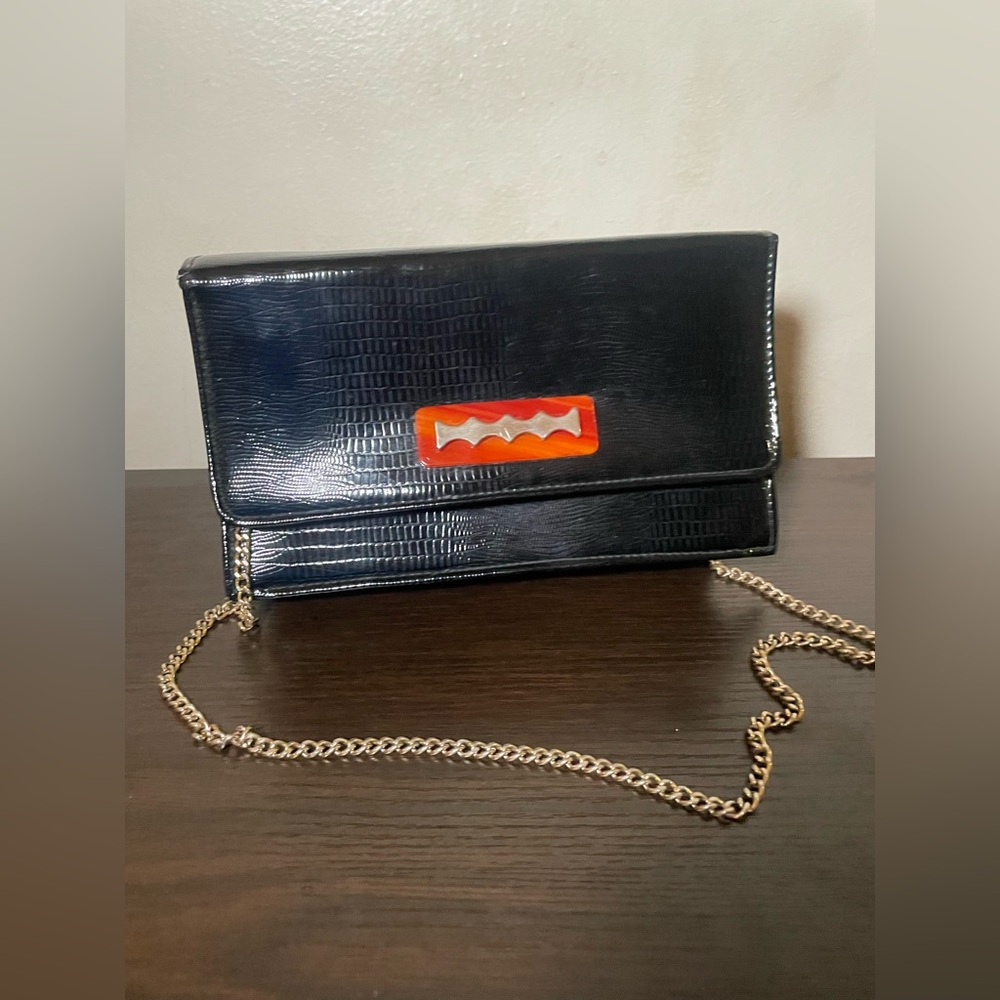 Black Croc-Embossed Clutch with Chain